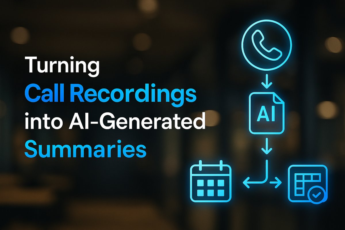 Flowchart-style visual showing a call recording leading to an AI-generated summary, branching to a checklist with owners and then to either a calendar icon or task management board icon.