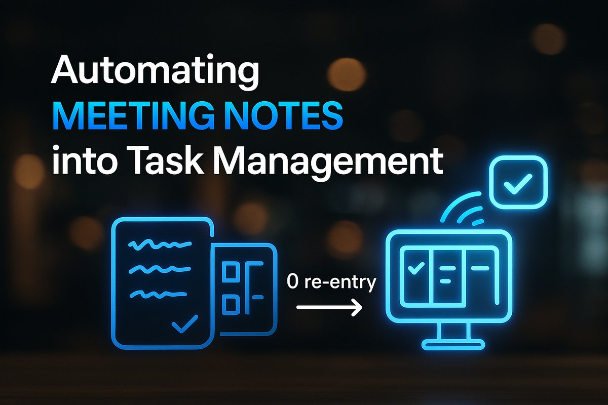 Two columns: left with manual notes being retyped into a task board, right with AI meeting notes flowing automatically into task management icons, with an arrow labeled "0 re-entry."