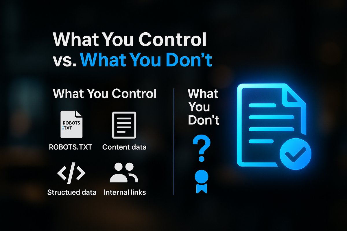 A simple two-column comparison graphic, one column labeled 'What You Control' with icons for a robots.txt file, a content page, a structured data tag, and internal links, the other labeled 'What You Don't' with icons for a chat bubble, a question mark, and a citation ribbon.