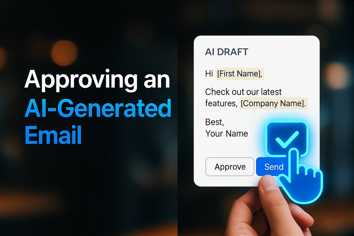 Split screen: on one side, an “AI Draft” message with highlighted personalized fields; on the other, a person reviewing and clicking “Approve” for send.