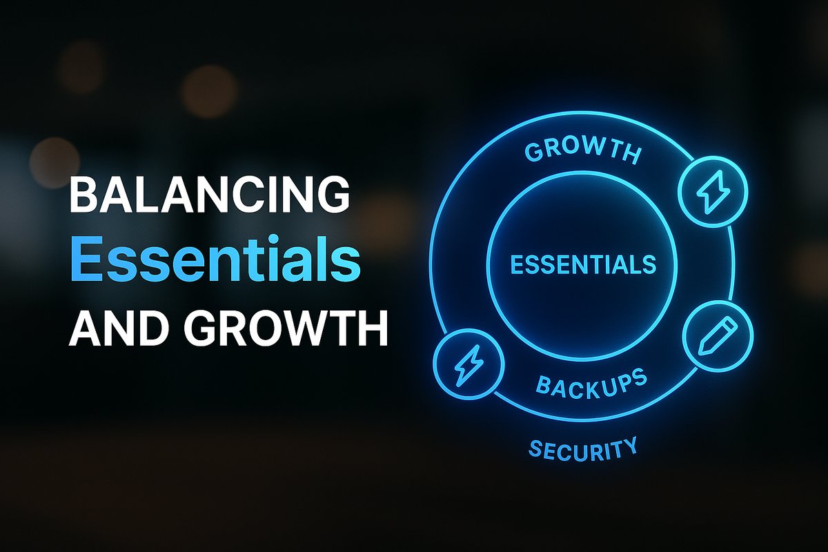 A layered diagram showing a basic circle labeled "Essentials" (updates, backups, security), surrounded by a second "Growth" layer with lightning bolt, magnifying glass, and pencil icons representing speed, SEO, and content edits.