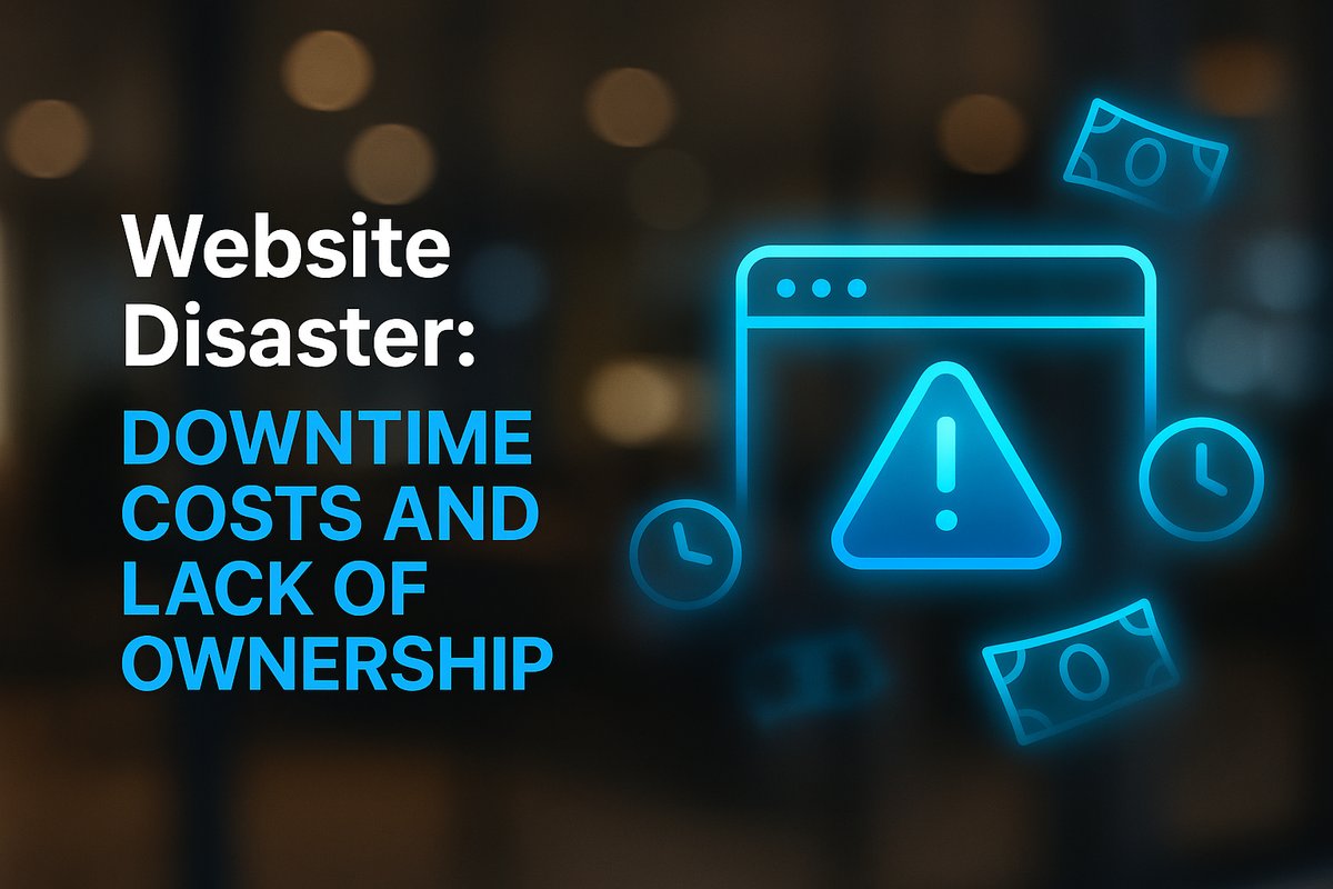 A “website disaster” scene: a website icon with warning signs, surrounded by floating clocks and dollar bills fading away, to represent the cost of downtime and lack of ownership.