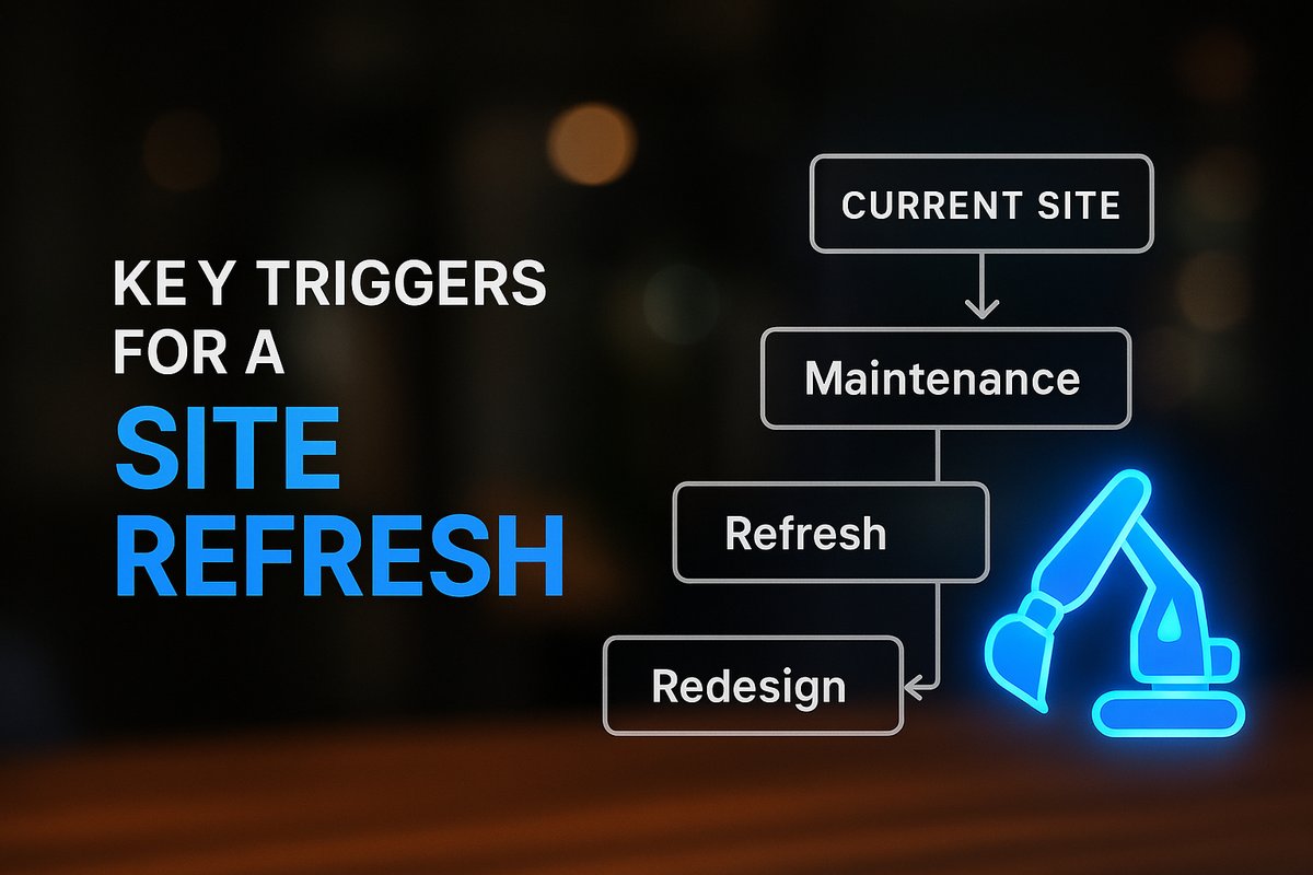 Simple flowchart: "Current Site" splits to "Maintenance" (wrench icon), "Refresh" (paintbrush icon), or "Redesign" (excavator icon), with key triggers by each path.