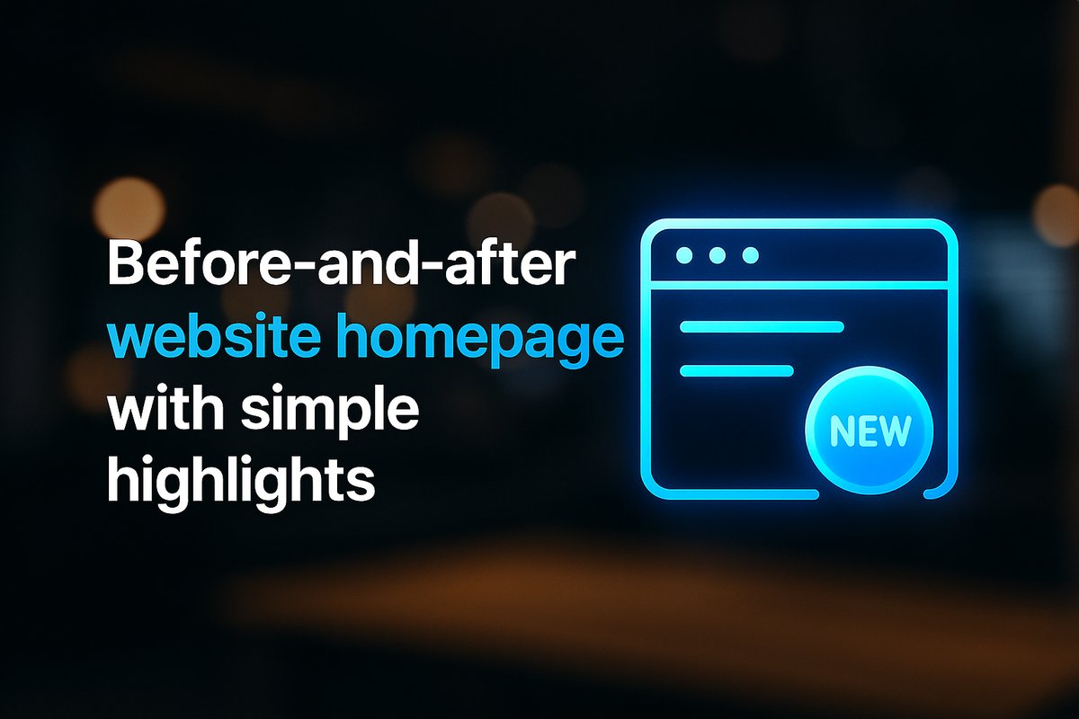 Before-and-after website homepage with simple highlights showing updated headline, new CTA button, and improved visuals.